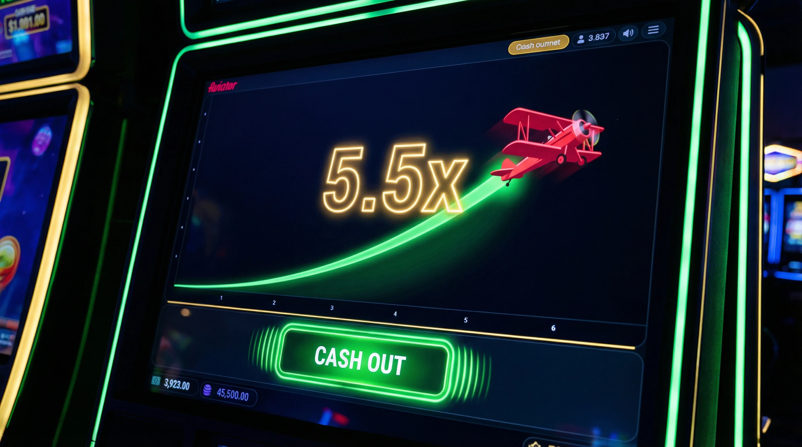 Juego Aviator con multiplicador 5.5x y avión despegando