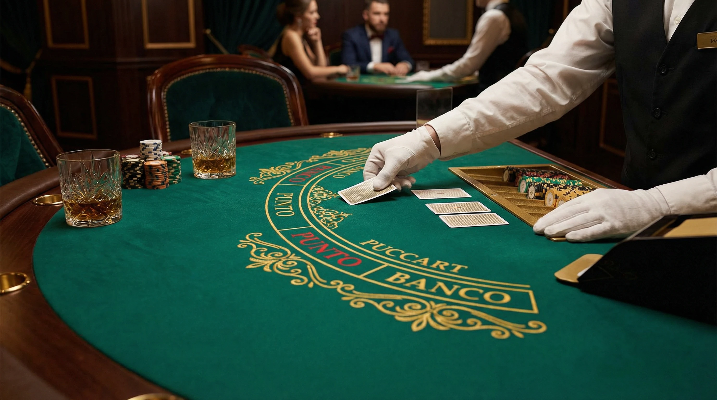 Mesa de bacará VIP con cartas y fichas doradas